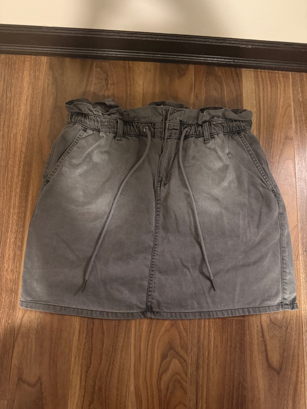 Gray Paperbag Waist Mini Skirt with Drawstring.  Elastic stretch waist